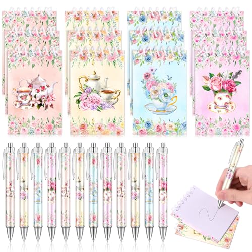 Sanixin 24 Packs Tea Party Favors Mini Tea Party Notepads with Floral Ballpoint Pens Floral Notbooks Ink Pens Bulk for Birthday Office Wedding Supplies (Floral Tea)