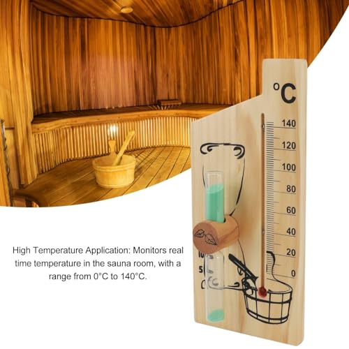XHTLLO Sauna Thermometer, Golden Wood Sauna Thermometer Hourglass 15 Minute Sand Timer, Wall Mount Temperature Gauge