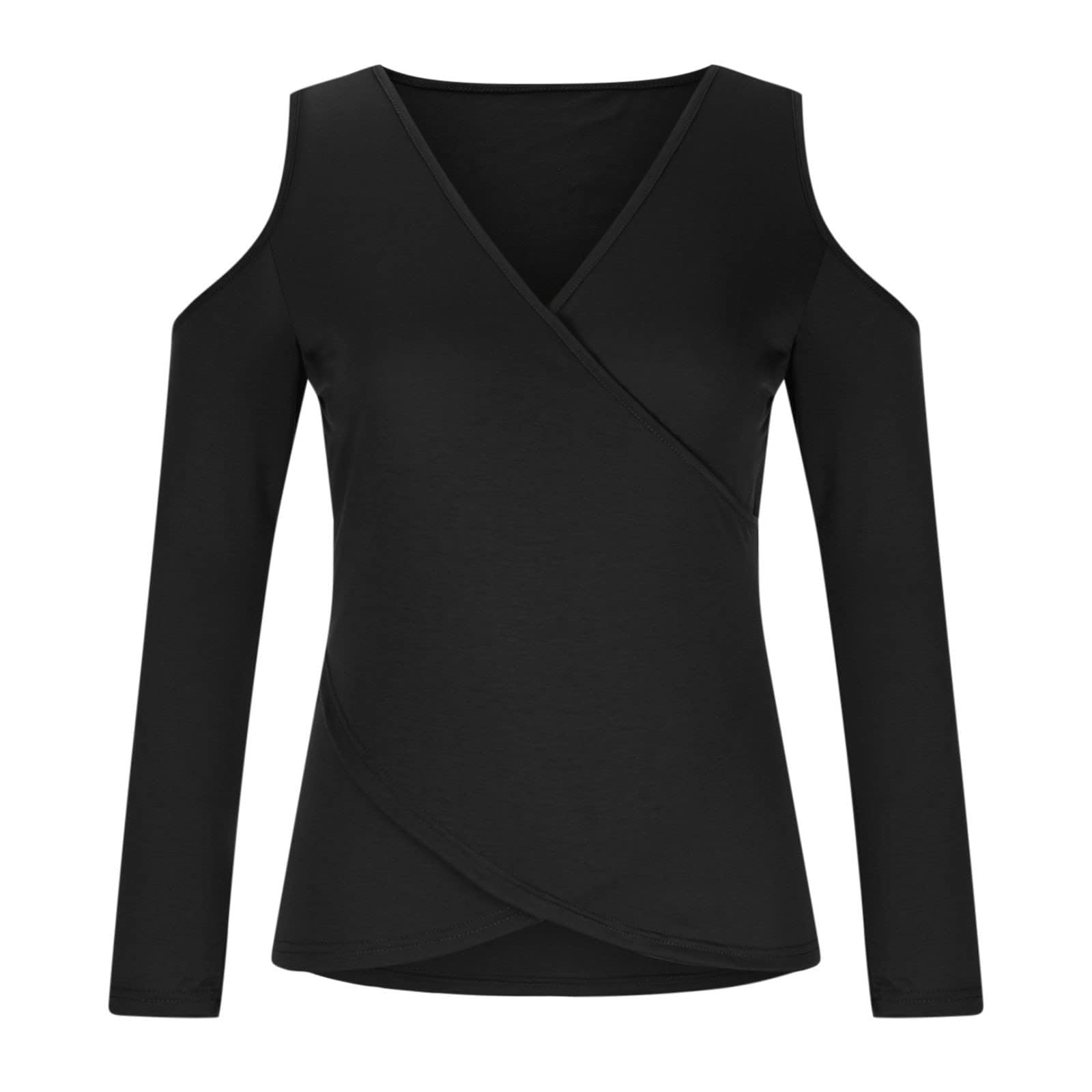 Femmes épaules dénudées hauts enveloppement col en V chemises croisées décontracté à manches longues tuniques solides chemisier ajusté mince(Black,XL)
