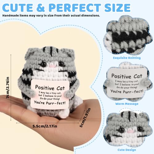 Image of Zibuyu Handmade Crochet Toys with Positive Message Card, Cute Cat Crochet Doll, A Cute and Inspiring Crochet Gifts, Ornament Suitable for Office and Home Use, Gray