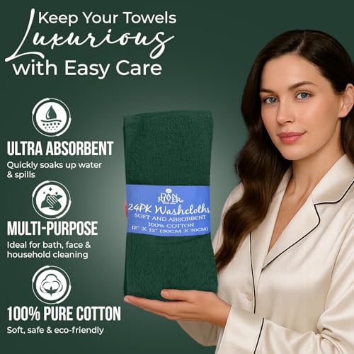 Image of DAN RIVER 24 Pack Wash Cloths for Showering [12x12] - 100% Cotton Washcloths Premium Quality Flannel Face Cloths for Bathroom, Highly Absorbent and Soft Feel Wash Clothes, Huntergreen