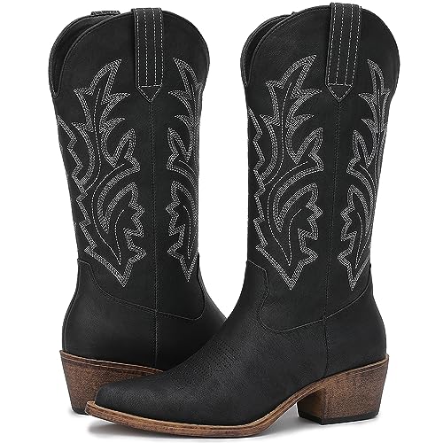 Image of GLOBALWIN Women's Mid Calf Western Cowboy Boots Cowgirl Boots for Women with Floral Embroidery Side Zipper Chunky Heel