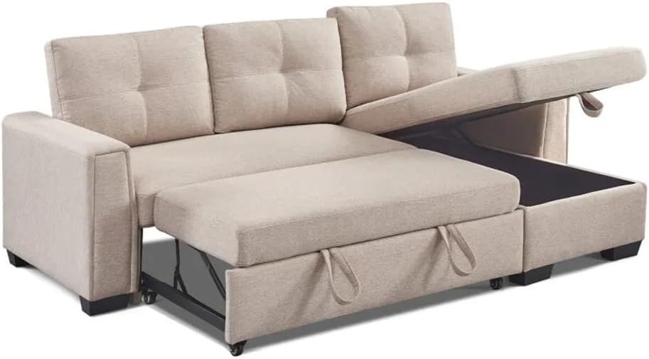 91.7” Pull-Out Sleeper Bed, L-Shape 3-Seater Modular Fabric Convertible Reversible Sectional Sofa Couch