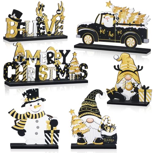 Capoda 6 Pcs Christmas Table Decorations Wooden Christmas Table Centerpieces Xmas Snowman Santa Claus Gnome Signs Merry Xmas Toppers for Holiday Party Supplies(Black, Gold) by Capoda - Used condition - CA$8.87