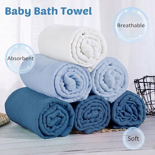 Image of Chumia 6 Pack Baby Muslin Bath Towels Bulk 43.3 x 43.3 Inch 6 Layer Soft Cotton Swaddle Receiving Blankets Breathable Quick Dry for Newborn Infant Toddler, Baby Shower Registry Gifts(Blue and White)