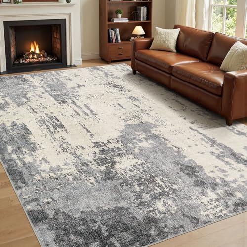 10x12 Area Rug Living Room Rugs - Washable Neutral Modern Abstract Soft Thin Rug Indoor Floor No Slip Rug Carpet for Bedroom Under Dining Table Home Office Decor - Grey/Light Brown