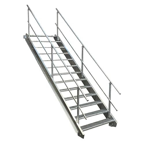 SRM Design 13 Stufen Stahltreppe mit beidseitigem Geländer Breite 80 cm Geschosshöhe 195-260cm robuste Außentreppe Geschosstreppe Wangentreppe stabile Industrietreppe für den Innen- und Außenbereich