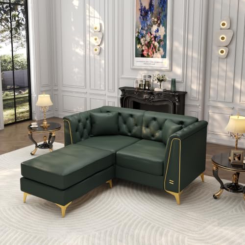 Image of KEIKI 62 inch Faux Leather Chesterfield Sofa with Handmade Button Tufted, Green