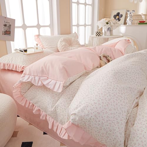 Pink Floral Comforter Set Queen Romantic Girls Ruffle Lace Bedding Set Queen Fluffy Soft Botanical Flowers Comforter with 2 Pillowcases Lightweight Bedding Cottagecore Comforter Set for All Season by LifeTB - Image 3