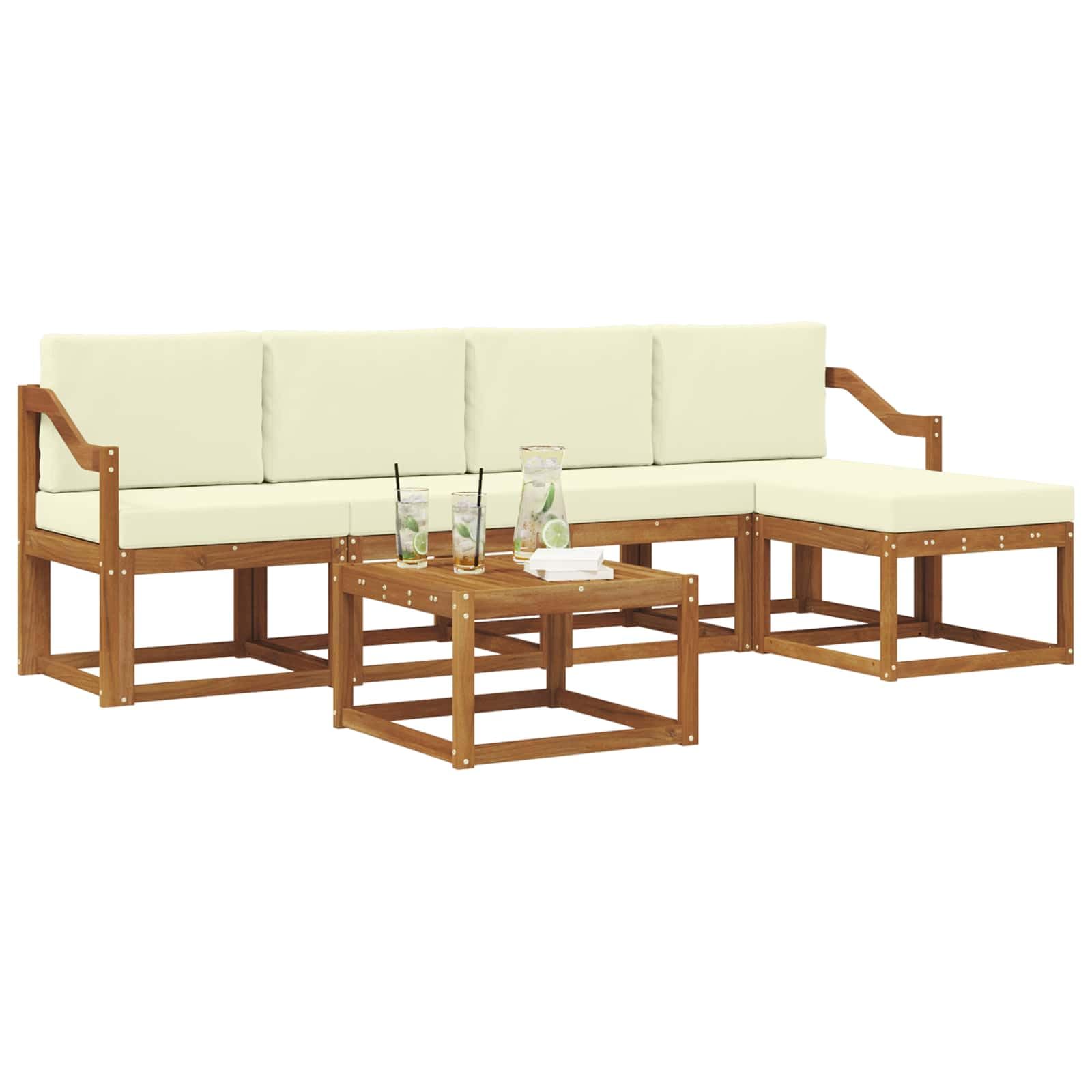 Outdoor-Sofagarnitur 6-teilig mit Kissen aus massivem Akazienholz Natur Creme, inklusive Tisch, Hocker und Armlehnen, wetterbeständig, modernes Latten-Design für Terrasse Balkon Garten