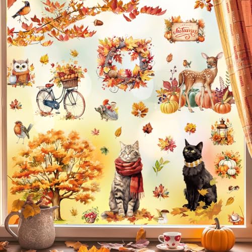 Aonveki 9 feuilles Autocollants pour Fenêtre d'automne - Décoration Fenêtre Automne, Réutilisables Stickers Automne, Thanksgiving Décoration avec Motif Chat, Feuilles d'érable, Citrouille