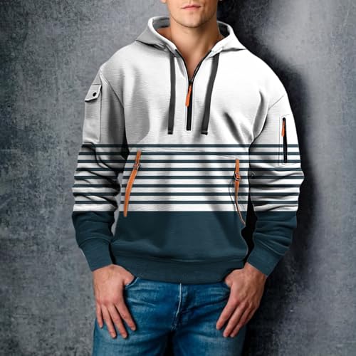 Men's 1/4 Zip Hoodies Color Block Fall Shirt Long Sleeve Striped Pullover Hooded Sweatshirts Fashion Tops with Pocket2
