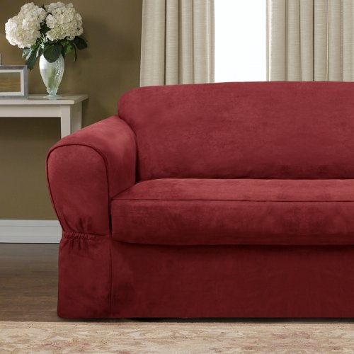 Maytex Piped Suede 2-Piece Loveseat Furniture Cover/Slipcover, Red #TOP1