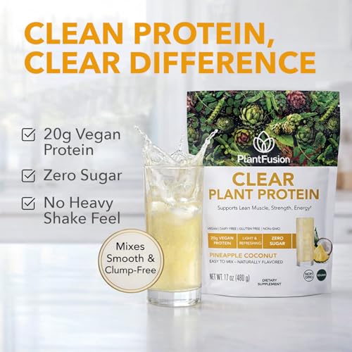 Image of PlantFusion Clear Protein Powder with Pea Protein Peptides - 20g Fast-Absorbing in Water, 90 Calories, Zero Sugar, Premium Alternative to Clear Whey - Pineapple Coconut - 16 oz