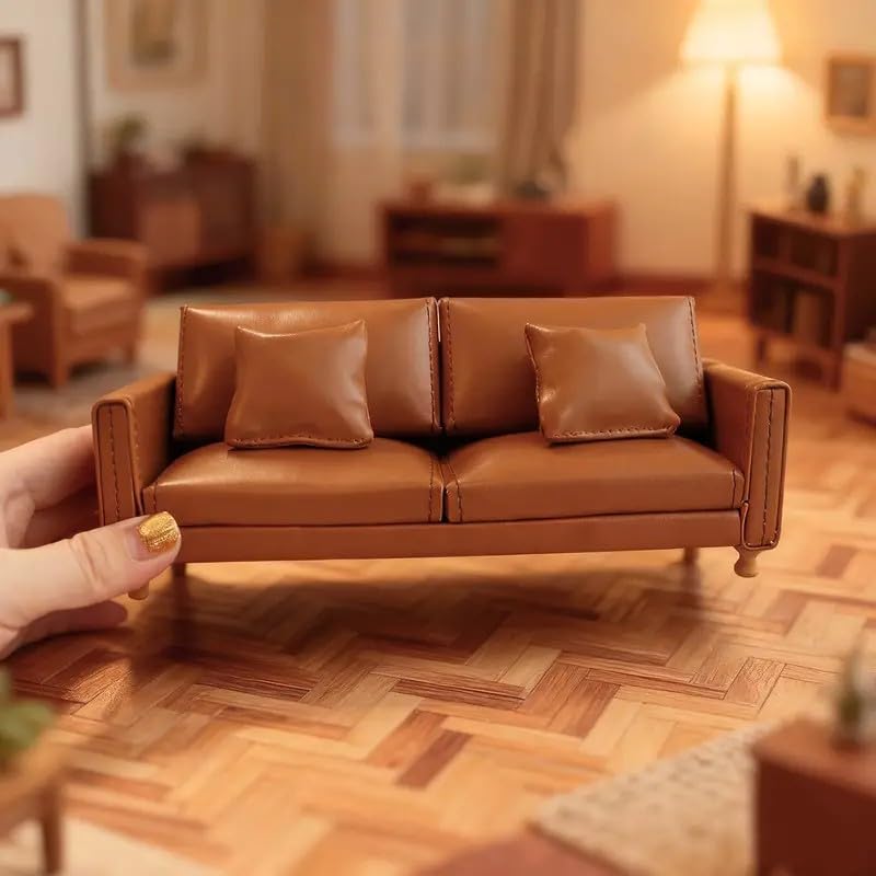 Funky Mini House Miniature Dollhouse Leather Couch -1:12 Scale Mini Sofa Furniture Set with Cushions Fit 3 to 6 inches Doll Figure 1/12 Scale