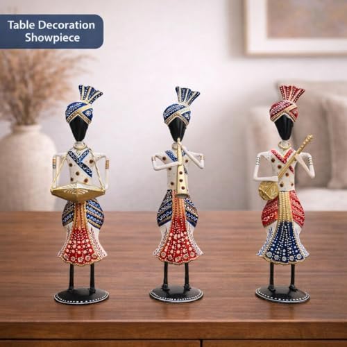 Image of Handcrafted Rajasthani Musician Figurines | Traditional Indian Art Showpiece for Home, Living Room, Office & Table Decor | Decorative Gift Item (White Tribal Musician)
