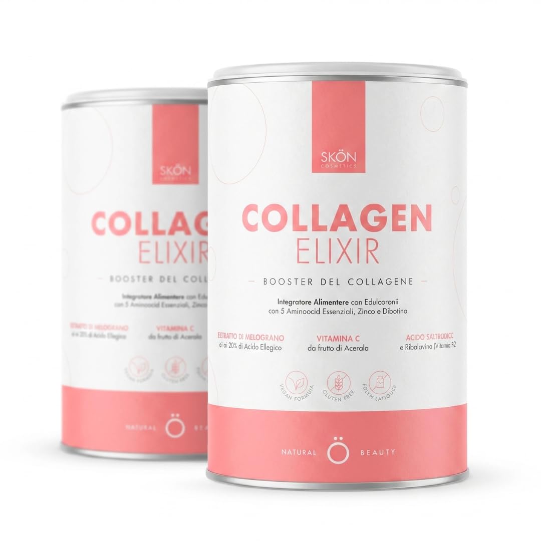 Skön Collagen Elixir - Integratore Collagene e Acido Ialuronico in Polvere con Vitamina C Biotina Niacina, Supporta la Produzione di Collagene - Integratore Capelli Unghie Pelle, 240gx2, Made in Italy
