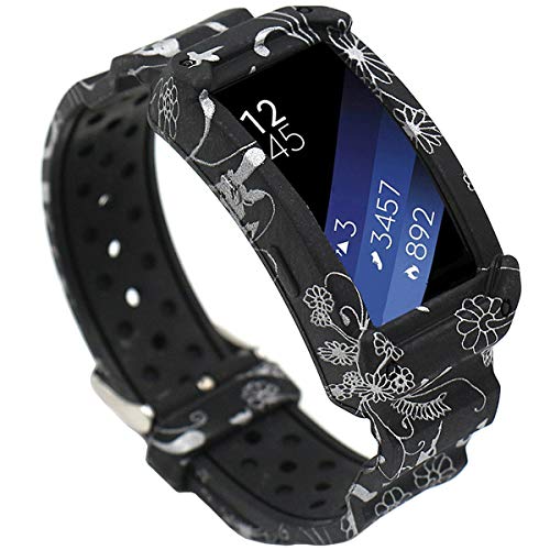EL-move Samsung Gear Fit 2 SM-R360 Band, Silicone Replacement Frame Rugged Protective Case Wristband Sport Bands for amsung Gear Fit2 & Fit2 Pro Tracker Smart Watch Accessories Strap (SilverFlower)