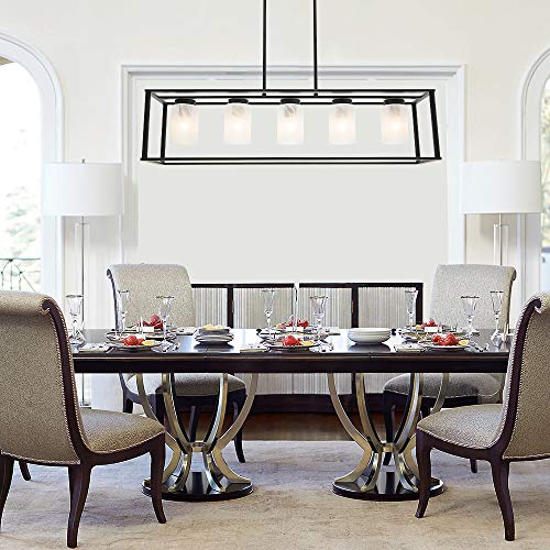 Vinluz 5 Light Kitchen Island Chandeliers Farmhouse Black Linear Dining Rooms Lighting Fixtures Hanging With White Alabaster Glass Shade Rectangle Modern Industrial Pendant Ceiling Lights #TOP5