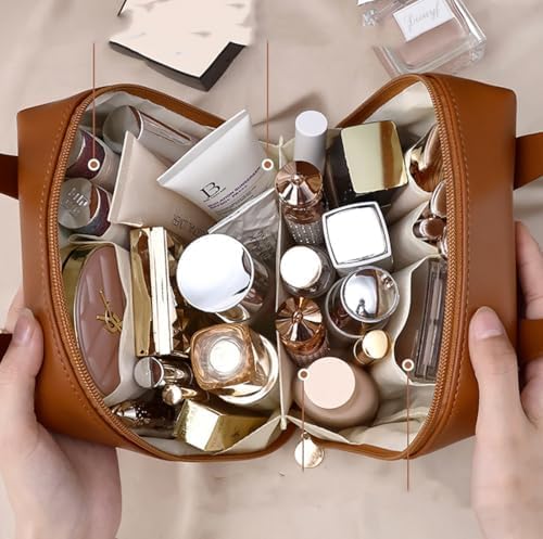 2024 bolsa de maquiagem premium, bolsas de maquiagem de viagem de couro PU de grande capacidade com