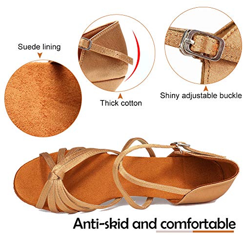 Hroyl Women's Satin Latin Dance Shoes Low Heel Ballroom Salsa Tango Performance Dancing Shoes Em-Xgg Beige 8 B(M) Us #TOP3