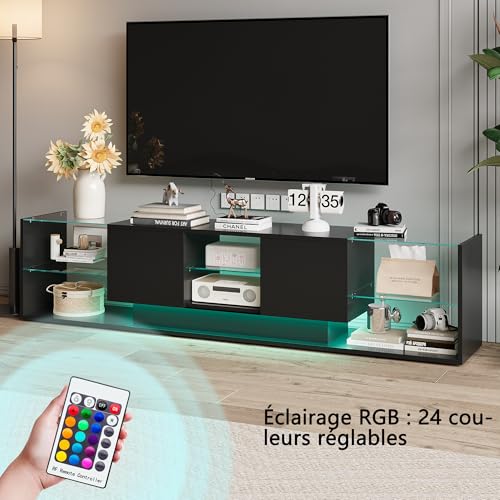 Mueble de TV moderno con 3 puertas de almacenamiento y estantes de cristal LED integrados, iluminación multicolor, ideal para salón o dormitorio (negro, 240 x 44 x 38 cm) - imagen 3