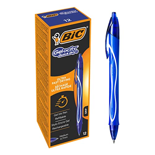 Boligrafos Gel BIC Gel-ocity Quick Dry Boligrafos Retráctil de Gel Punta Media (0,7mm), Óptimo para Uso Escolar y de Oficina , Azul,...