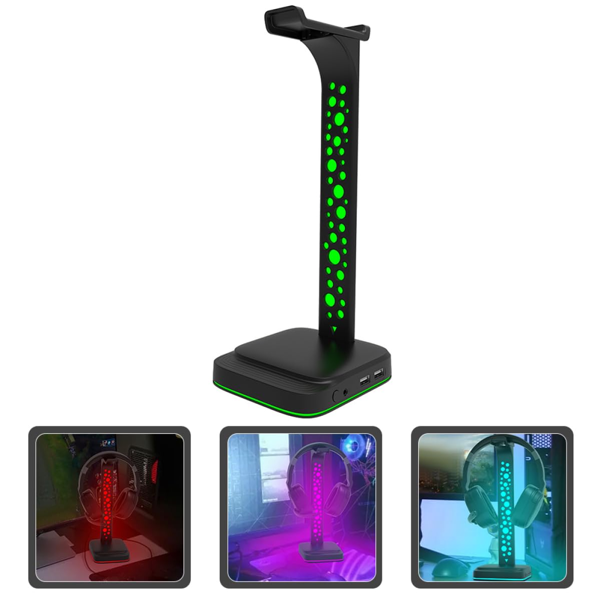 Mikinona Soporte para Auriculares para Escritorio con Luces RGB Ajustables y Concentrador USB, Diseño ABS Compacto para Gaming y Oficina