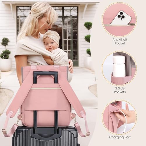 LOVEVOOK Diaper Bag Backpack,Diaper Tote Bag with Insulated Pockets,Bag with Changing Pad,Large Bag with Pacifier Case,15.6 Inch Anti-Theft Laptop Backpack for Women,Pink-Gray — view 6