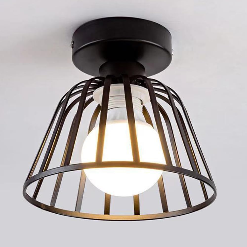 Plafonnier industriel noir cage métal luminaire suspendu rustique