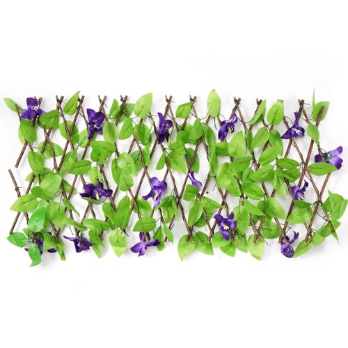 Seto Artificial Ocultacion | Celosia Extensible con Hojas, Jardín Vertical Exterior | con Flores Moradas | Jardín Vertical Exterior | Alfombra De Valla De Imitación para Decoración De Fondo Verde
