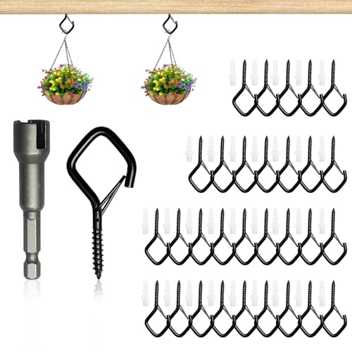 Ganchos de Tornillo - Alcayatas Pared - Gancho Pared - 30 Piezas Ganchos para Colgar con Rosca para Pared, Techo, Plantas, Decoración, Lámparas, Campanas de Viento, Casitas de Pájaros (Negro)