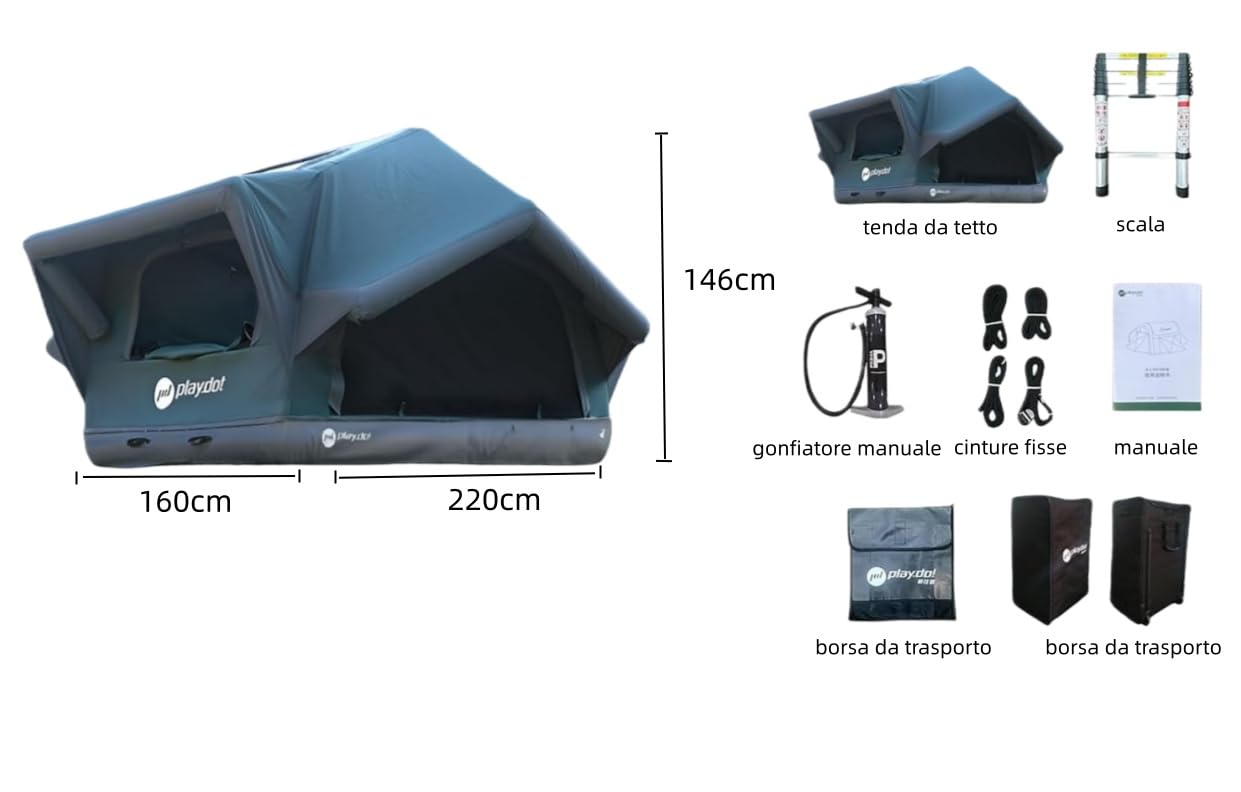 TentHome Tenda da Tetto Auto Campeggio 3-4 Posti Gonfiabile, Tenda sul Tetto Auto Facile Installazione, Tenda sopra Tetto Auto Impermeabile in Cotone Poliestere con Lucernario