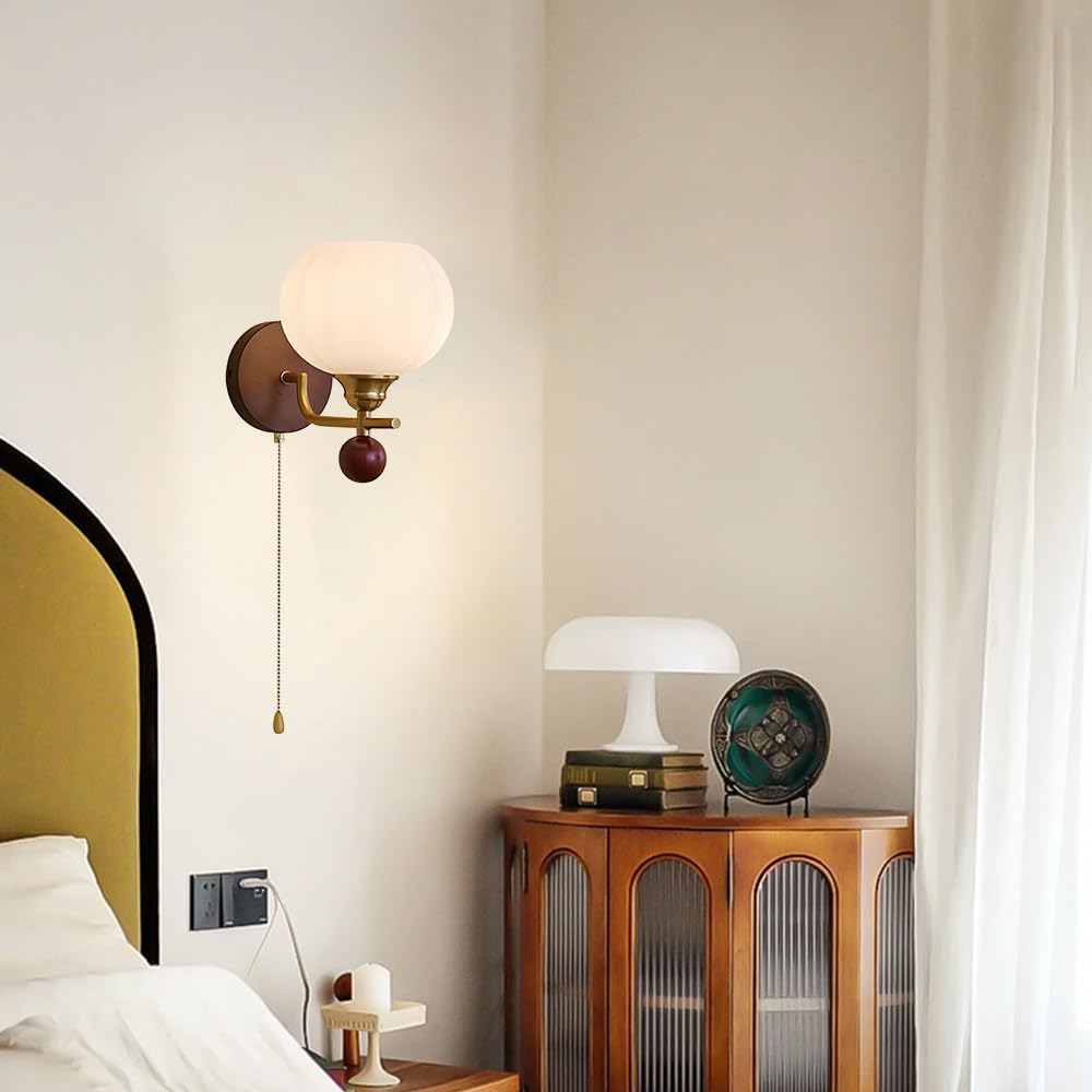 Solid Wood Wall Light Retro Wall Sconce with Pull Chain Switch, Bathroom Vanity Light Fixture, Glass Shade Wall Lamps for Living Roon Halklway Bedroom, E27 Haedwired