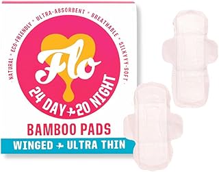 FLO - Day + Night Menstrual Pads (24 Day + 20 Night) - Winged + Ultra Thin - Natural, Absorbent, Soft, & Breathable - Organic Bamboo Period Pads for Women - Plant Based - Vegan & Cruelty Free