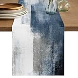 Burlap Table Runner Navy Blue and Gray Dresser Scarves, Abstract Art Dining Table Runners 90 inches Long,Washable Non-Slip Rectangle Table Setting Decor for Farmhouse Party Holiday Dinner