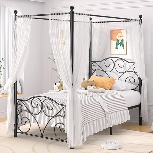 Image of VECELO Metal Canopy Bed Frame Twin Size, 4 Posters Platform Mattress Foundation with Headboard, Heavy Duty Steel Slats Support, No Box Spring Needed, Black