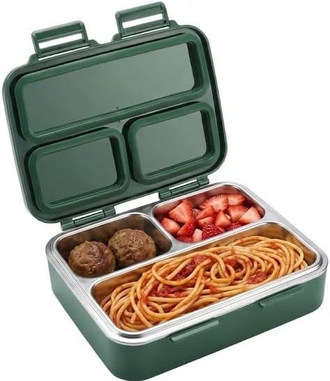 Caja Bento grande de acero inoxidable (8.8 x 6.9 pulgadas), contenedor de almuerzo de 3 compartimentos, a prueba de fugas con bandeja y cuchara de