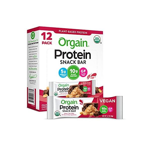 Orgain Organic Vegan Protein Bars, Peanut Butter Chocolate Chunk - 10g Plant Based Protein, Gluten Free Snack Bar, Low Sugar, Dairy Free, Soy Free, Lactose Free, Non GMO, 1.41 Oz (12 Count)