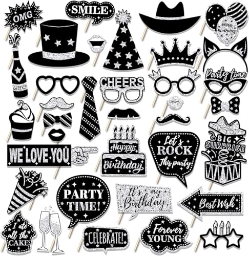 KSHGTB - KSHGTB 36 pcs Birthday Photo Booth Props - Photo Booth Props Sign Kit for Birthday Party Favors Fun for Holidays & Parties (Black and Silver)