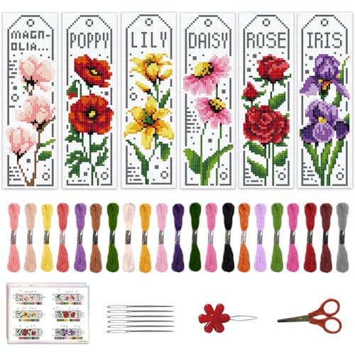 Image of ACRNIGHEET 6PCS Cross Stitch Bookmark Kits for Beginner Flower Crossstitch Kits Adult Rose Daisy Lily Stamped Embroidery Bookmarks with Accessories for Adults Craft Gift 11CT