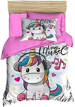 OZINCI 3D Unicorn Bedding Set, Love Music Unicorn Themed Quilt/Duvet Cover Set, Girls Bed Set, Single/Twin Size, Comforter Included (5 Pieces)