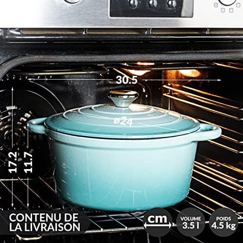 Cast Iron Bread Baking Pot 24 cm - 3.5 L Casserole Pot Cast Iron Enamelled for Stewing, Baking and Roasting - Bread Baking Pot with Lid Induction - (3.5 L, Blue)