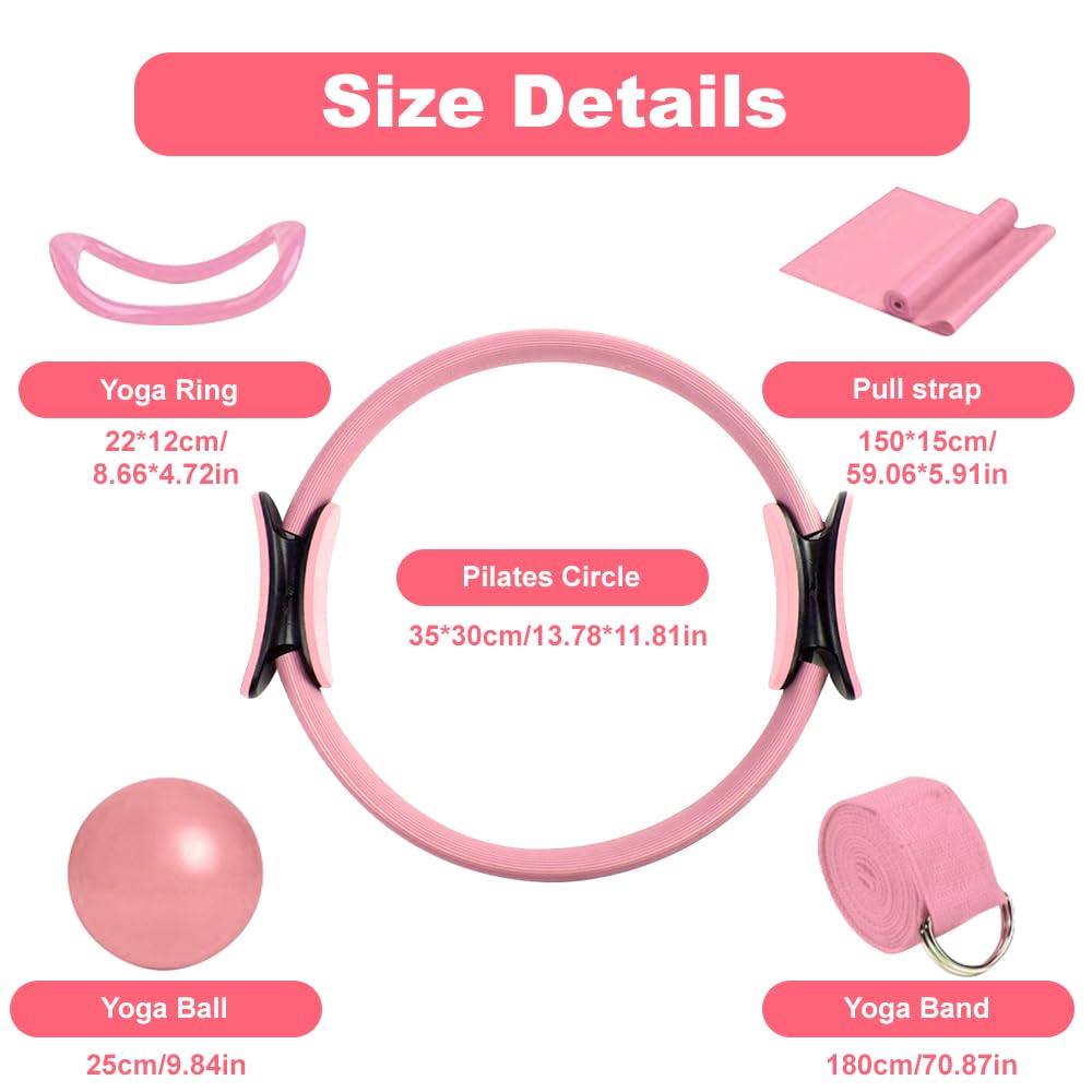 Set di Anelli per Pilates, 5PCS Kit di Anelli per Pilates, Pilates Essentials Kit, Inclusi L'anello Di Pilates, Cerchia di Pilates, Palla Yoga, Cinghia Yoga E Fascia Fitness, per Esercizi, Rosa