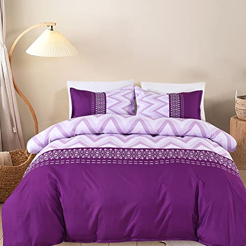 Ymy Geometric Duvet Cover Queen Size Purple, 100% Microfiber, Geometric Chevron Printed Bedding Duvet Cover 90X90 With 2 Pillow Shams, Purple, Queen Size #TOP2