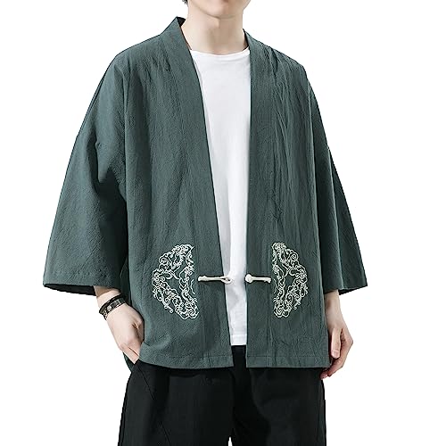 Image of Mens Kimono Cardigan Cotton Linen Japanese Shirt 3 /4 Sleeve Haori Yukata | Skin-Friendly Solid Color Lightweight Shawl Collar Kimono Robe Embroidery Button Tie Pockets Happi Coat All Season Daily Wear