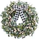 CIR OASES Artificial Spring/Summer Wreath 24 Inch Evergreen Wreaths for Front Door Eucalyptus Wreath with Berries for Outside All Seasons Indoor Outdoor Decor