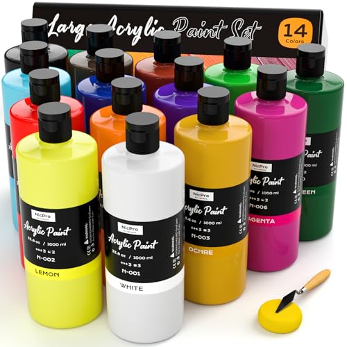 Image of Nicpro 14 Colors Large Bulk Acrylic Paint Set (33.8 oz, 1000 ml) Rich Art Painting Supplies, Non Toxic for Multi Surface Rock Canvas Wood Ceramic Leather Fabric Craft for Adult with Color Wheel