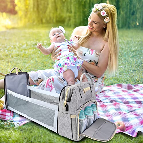 Diaper Bag Backpack with Changing Station, DerJunstar Baby Diaper Bags for Baby Boy & Girls, Multifunctional Travel Diaper Waterproof Backpack, New Mom Gifts for Women,B. Gray