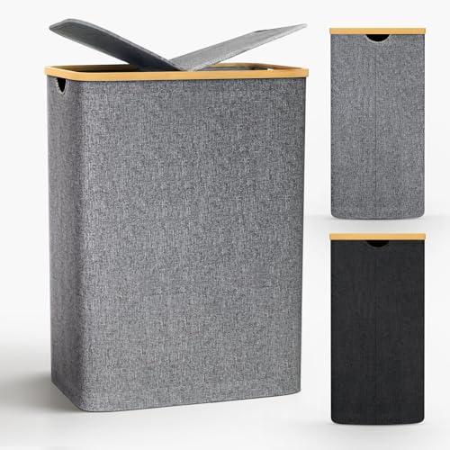 Cesto Portabiancheria Sporca Grande, 140L Cesto Biancheria Sporca per Bagno in Bambú con Coperchio, Cesta Panni Sporchi con Manici per Bagno, Lavanderia, Camera da Letto per Salvaspazio-Grigio